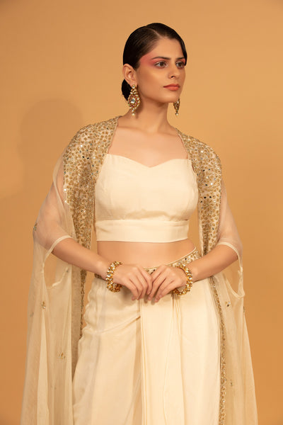 Ivory Organza Embroidered Cape With Dhoti Pant Set