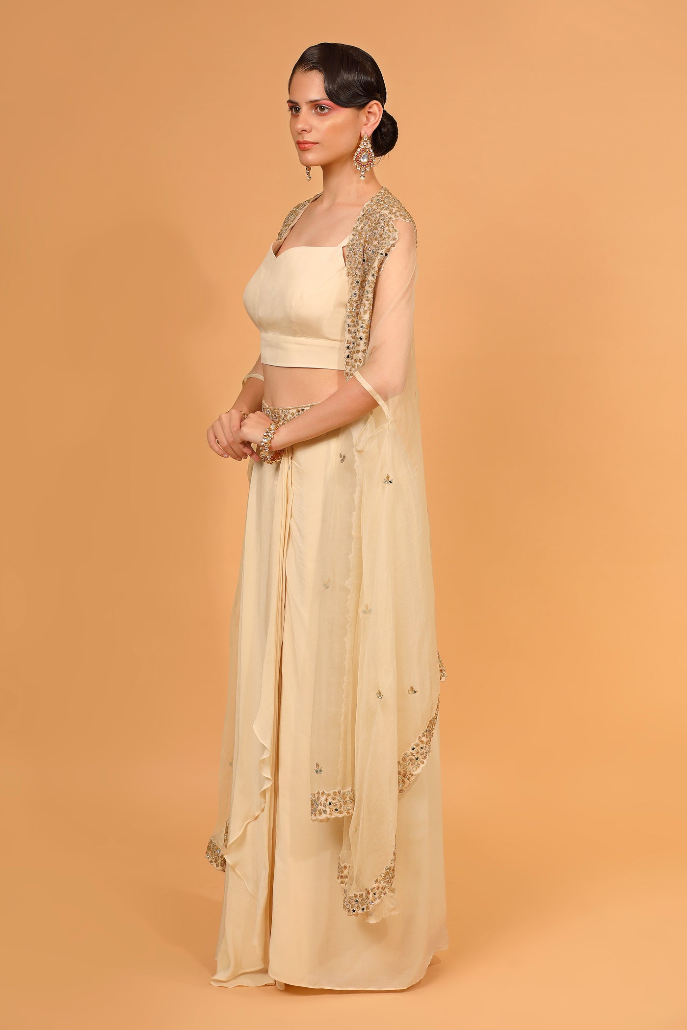 Ivory Organza Embroidered Cape With Dhoti Pant Set