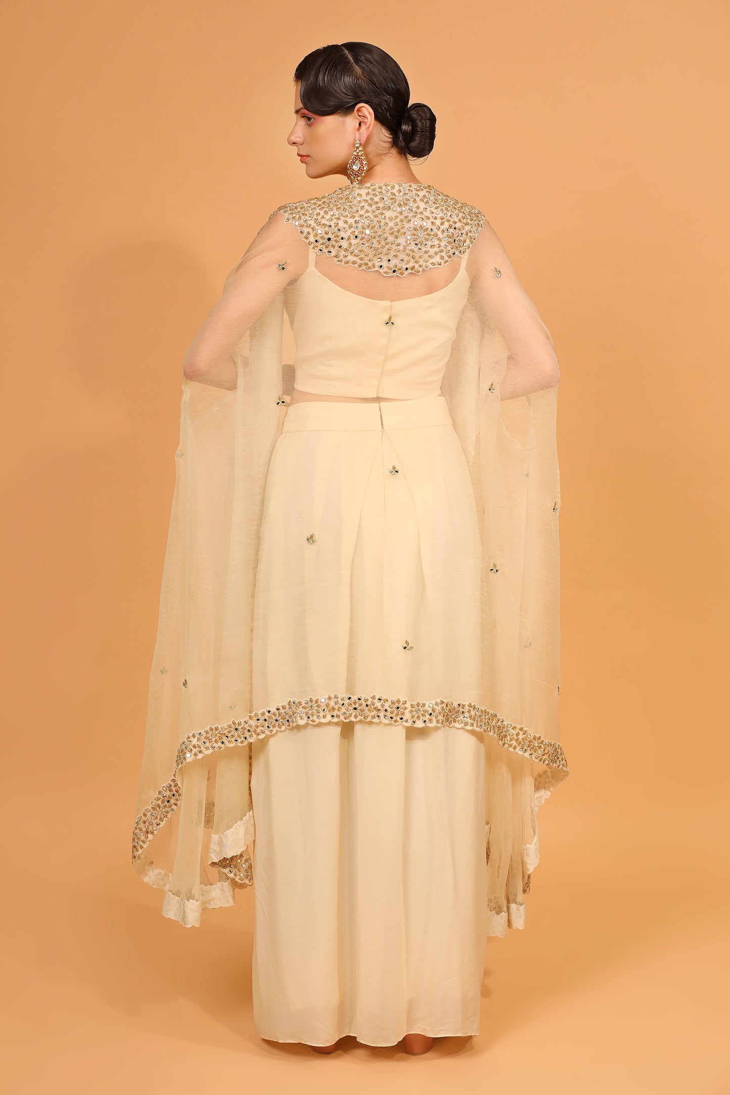 Ivory Organza Embroidered Cape With Dhoti Pant Set
