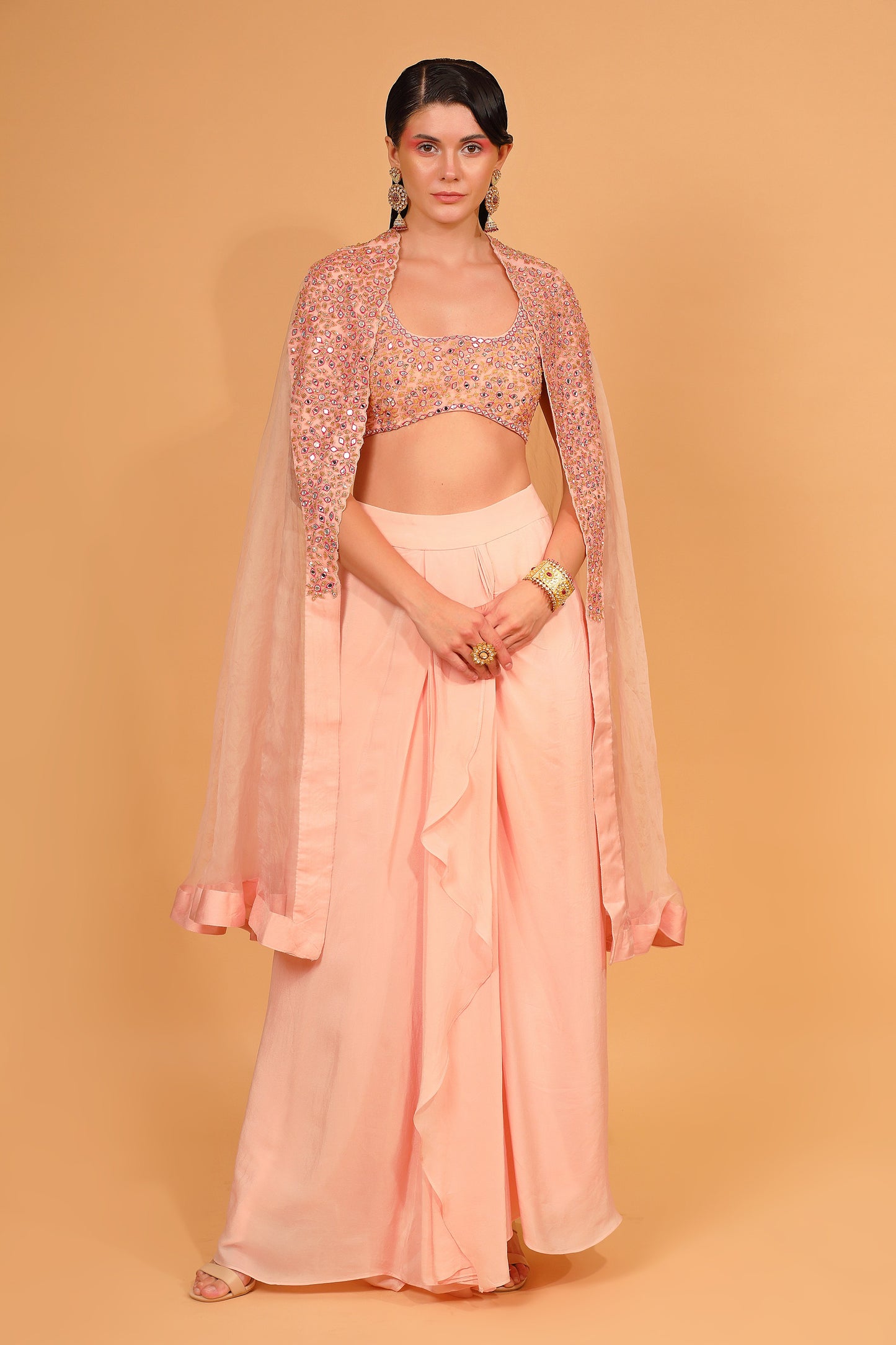 Peach Organza Embroidered Cape With Dhoti Pant Set