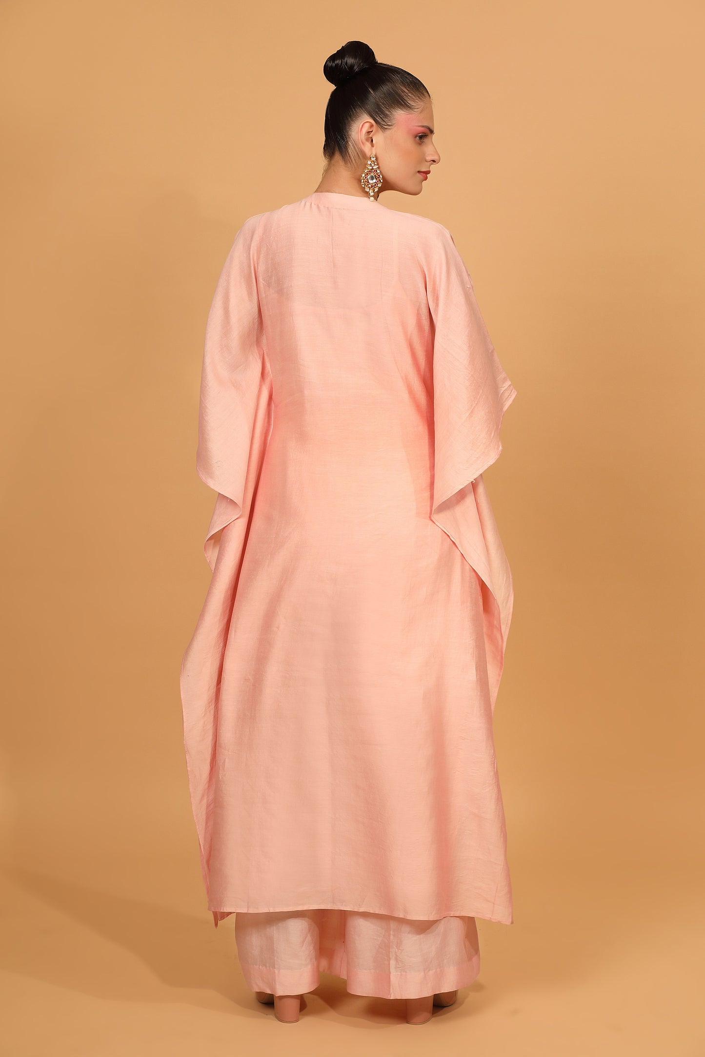 Peach Chanderi Silk Kaftan Kurta And Palazzo Set