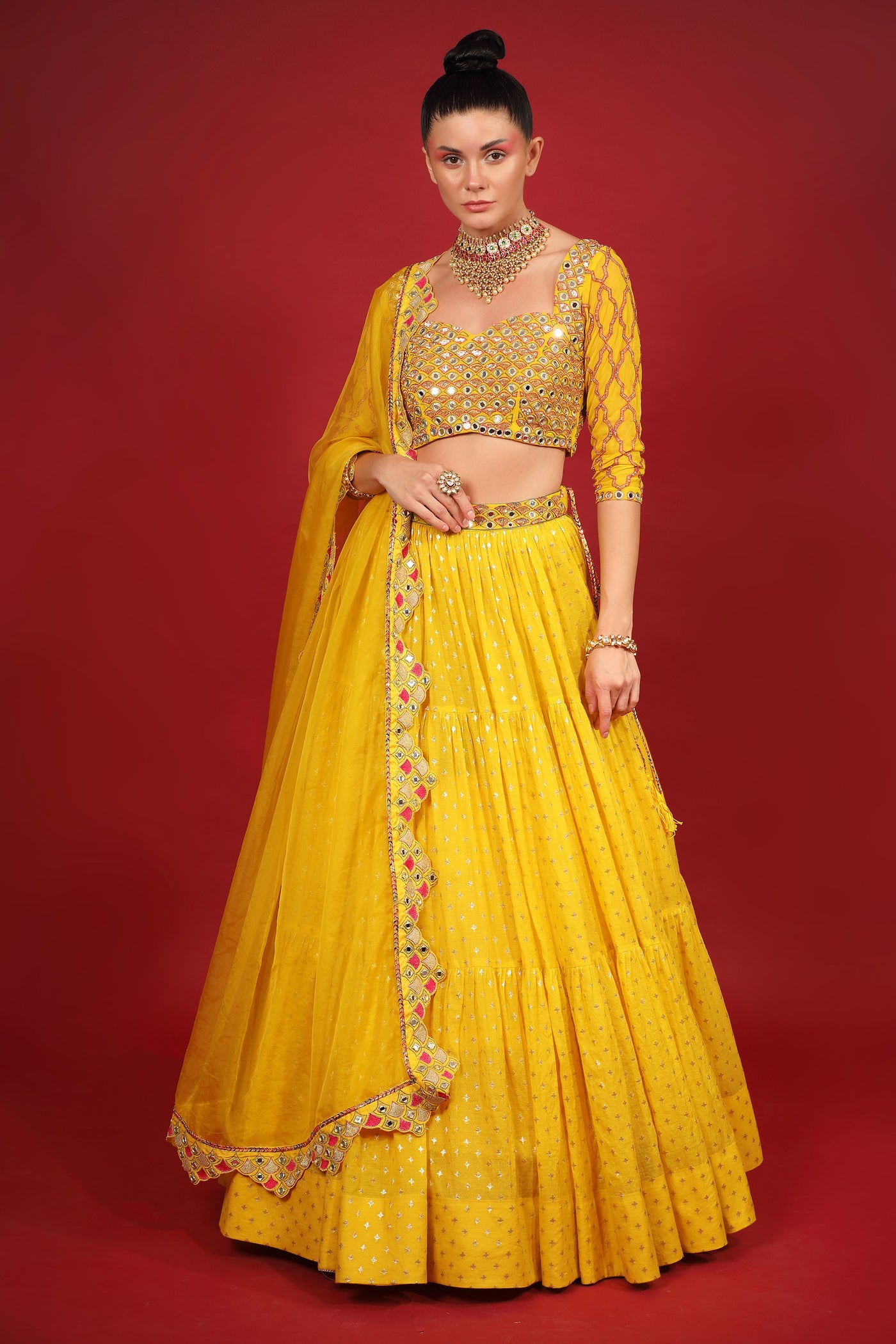 Yellow Banarasi Chanderi Tiered Lehenga Set