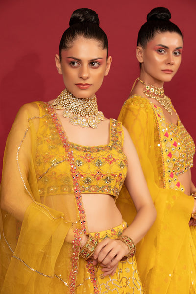 Yellow Banarasi Chanderi Tiered Lehenga Set