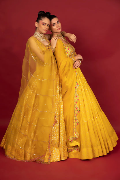 Yellow Banarasi Chanderi Lehenga Set