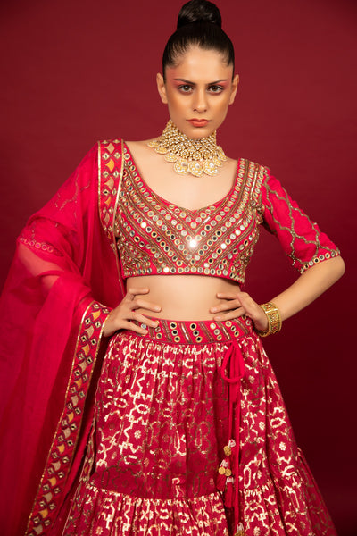 Fuchsia Banarasi Chanderi Tiered Lehenga Set