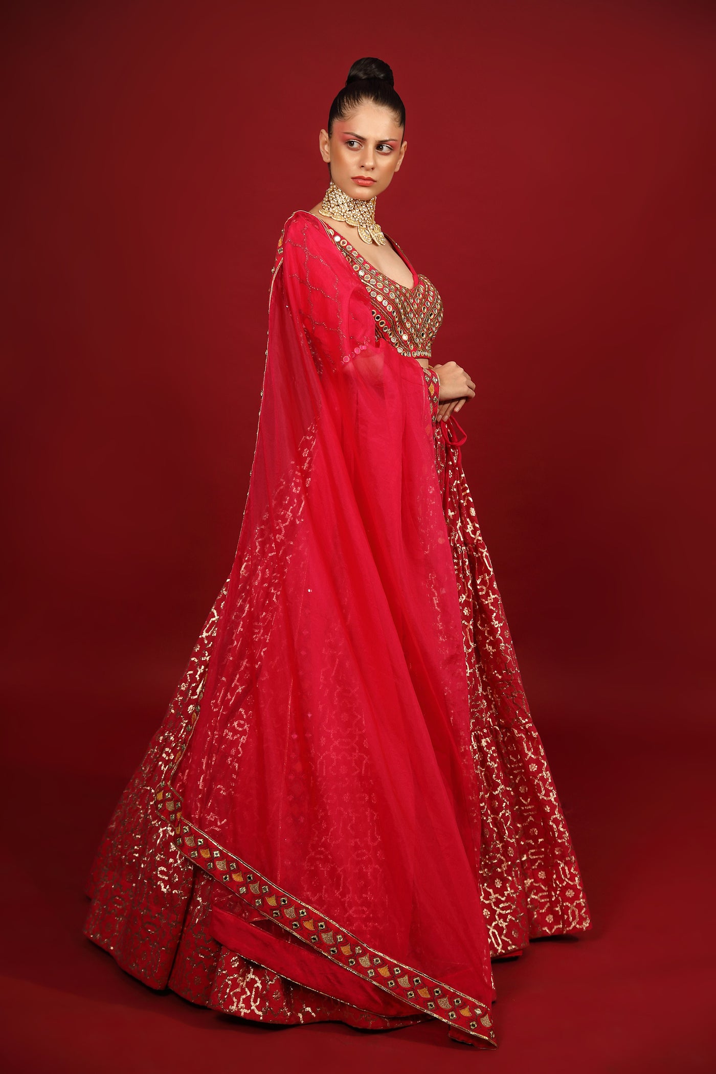 Fuchsia Banarasi Chanderi Tiered Lehenga Set