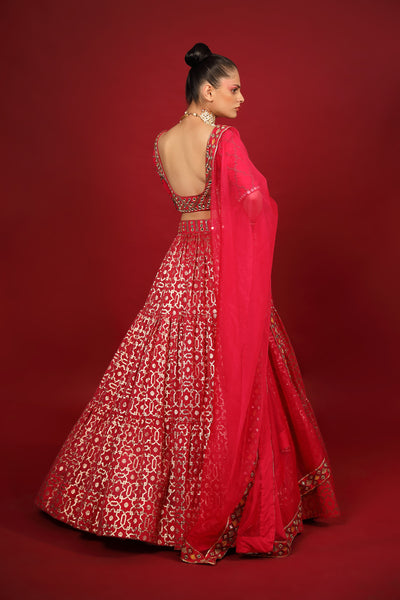 Fuchsia Banarasi Chanderi Tiered Lehenga Set