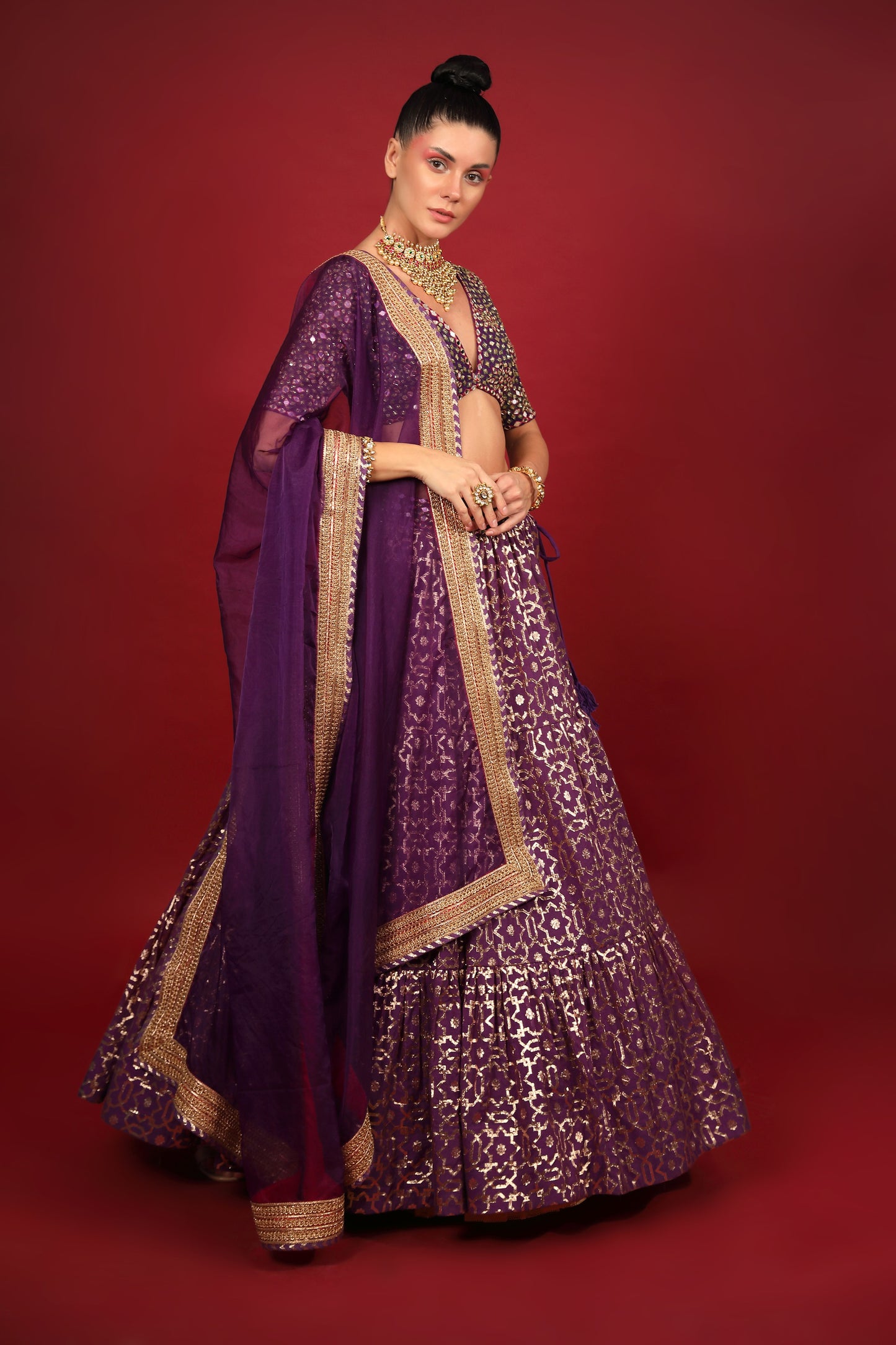 Purple Banarasi Chanderi Tiered Lehenga Set