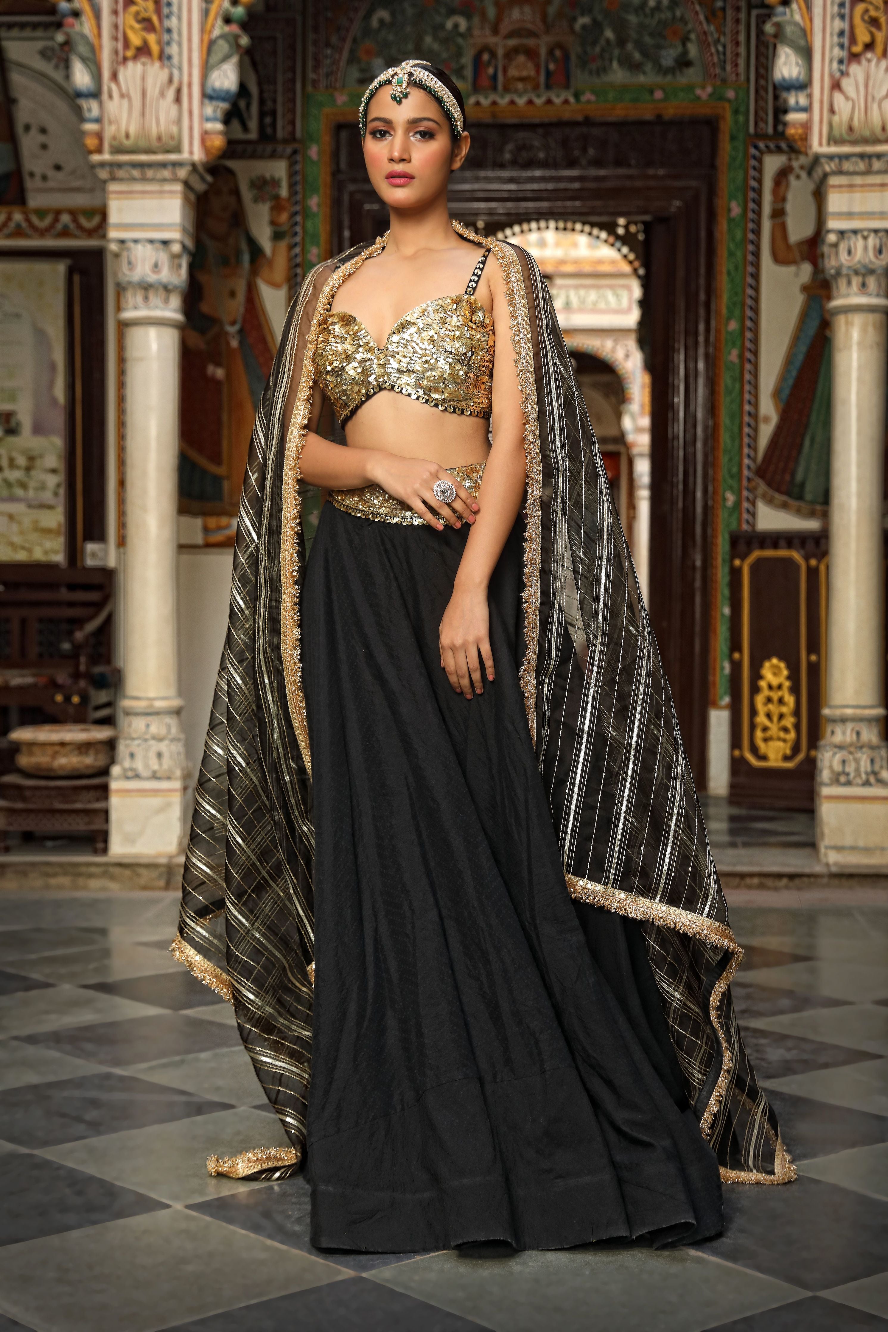 PURVAJA Black & Mustard Ready to Wear Lehenga & Unstitched Blouse With  Dupatta - Absolutely Desi