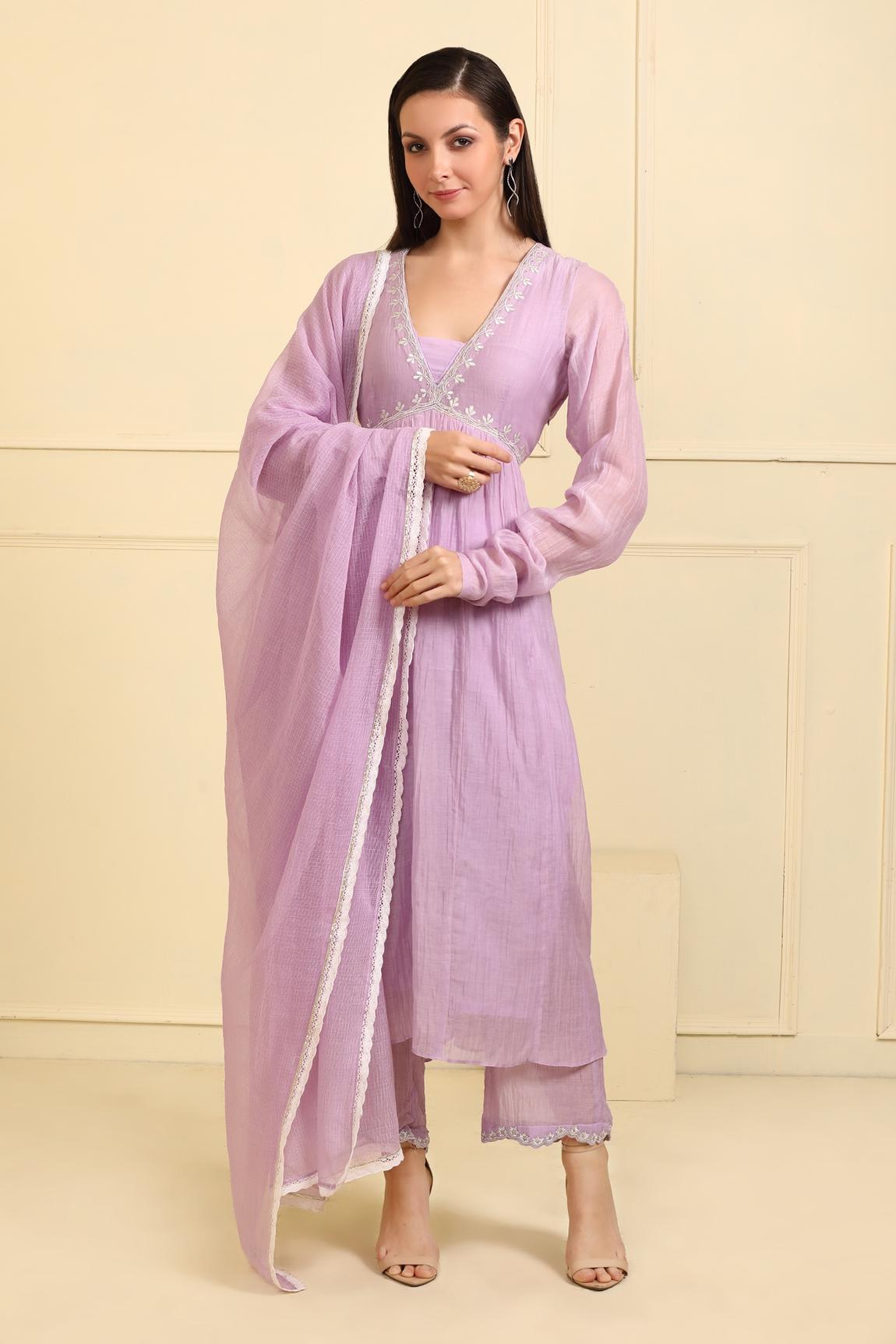 Purple Chanderi Silk Neckline Embroidered Kurta Pant Set