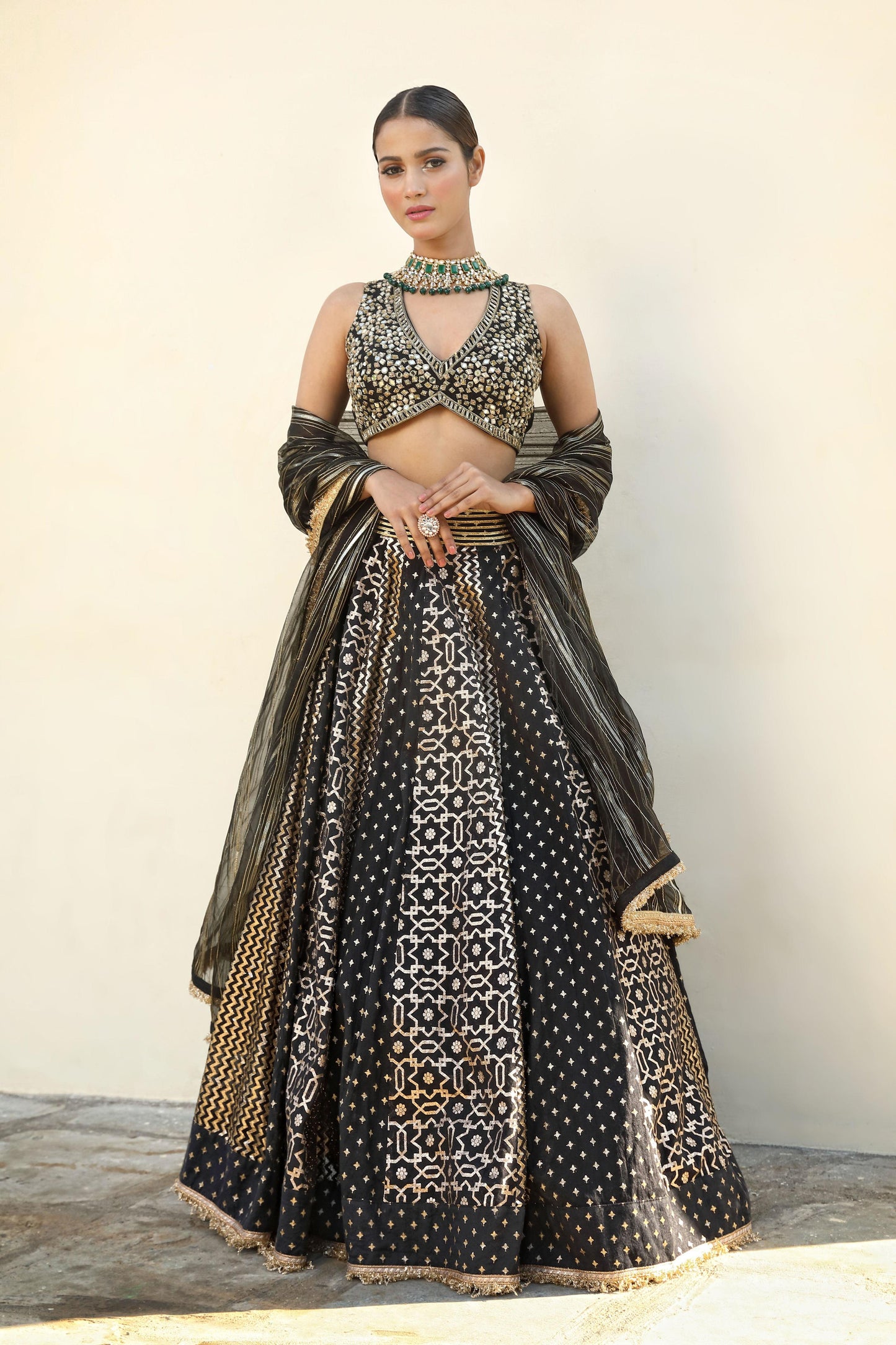 Black Net Woven Pattern Flared Lehenga Set