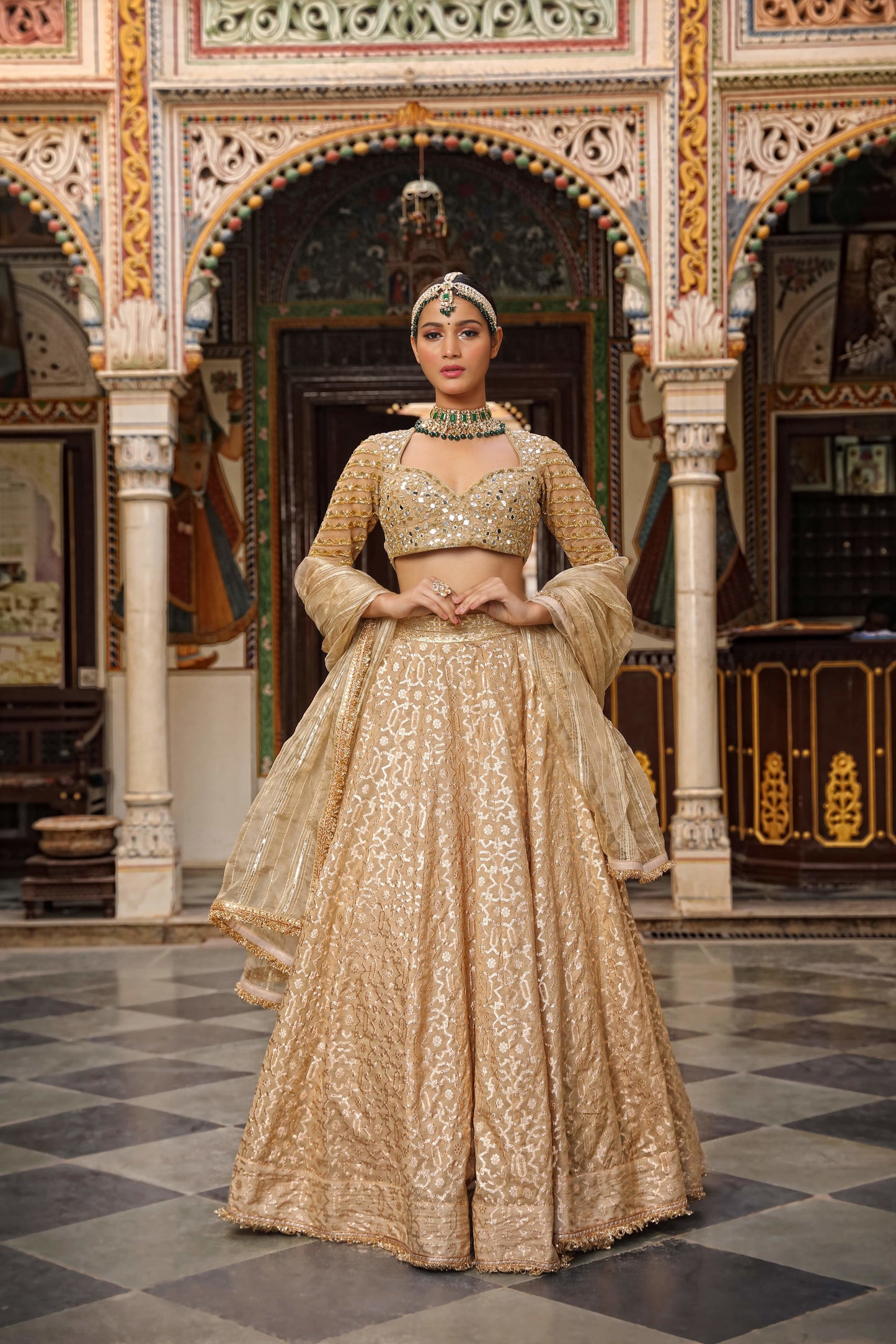 Beige Net Woven Geometric Pattern Lehenga Set(ba2)