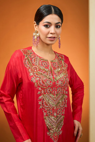 Red Silk Crepe Sequins Beads Embroidery Asymmetric Kurta And Pant Set
