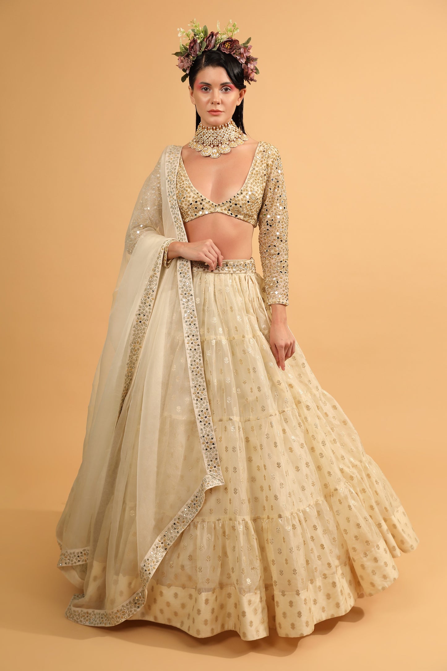 Ivory banarasi organza lehenga set