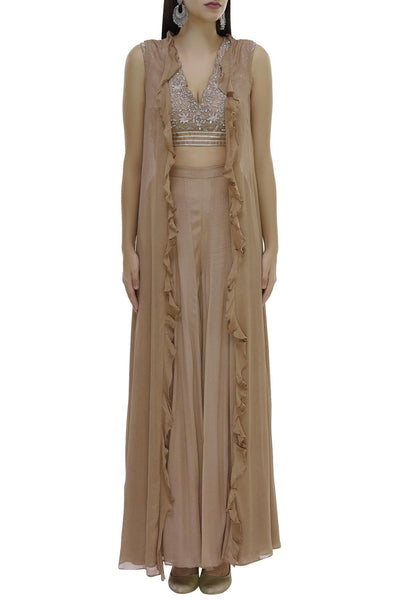 Beige Chiffon Chanderi Silk Crop Top Pant Set