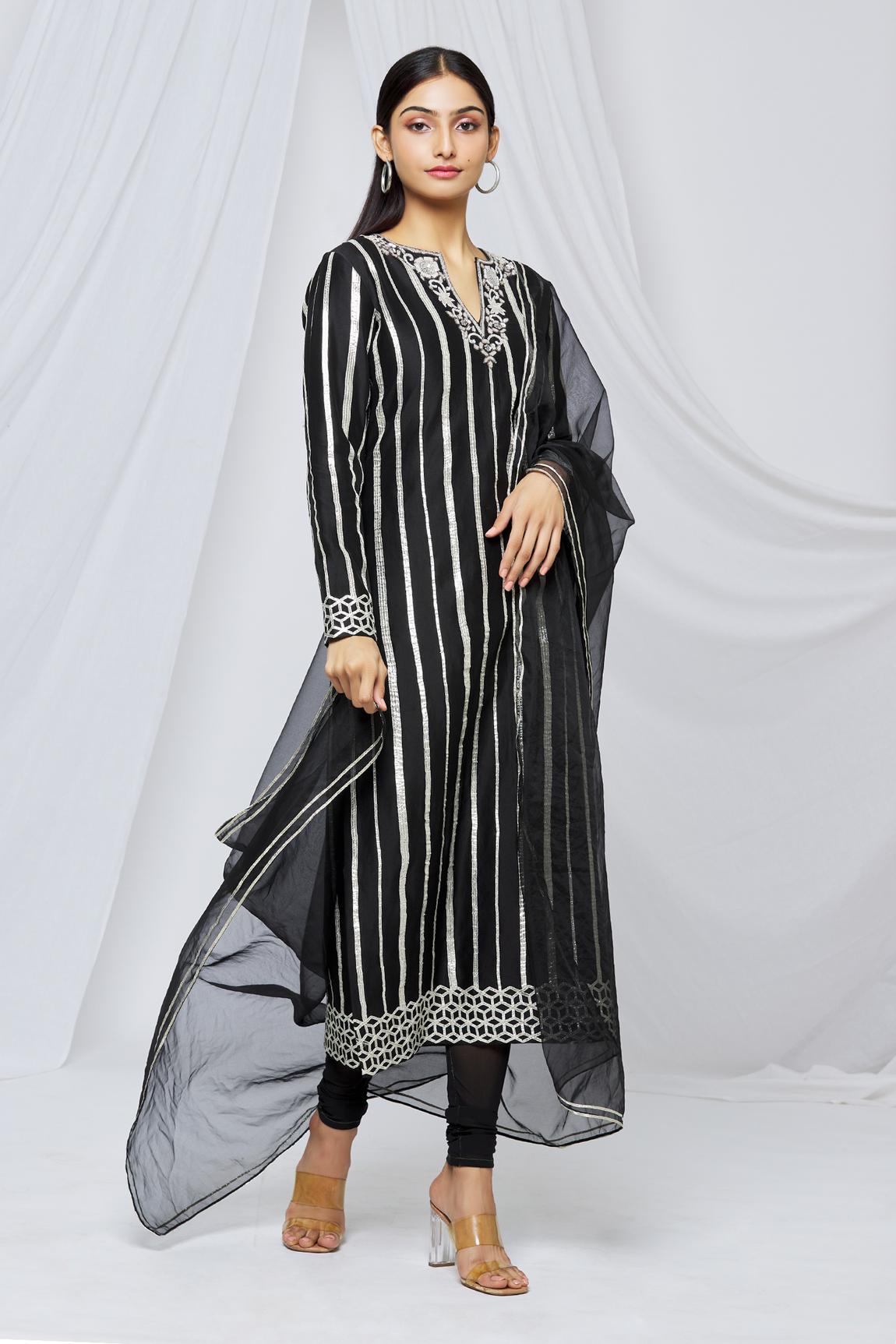 Black Chanderi Embroidered Kurta Set