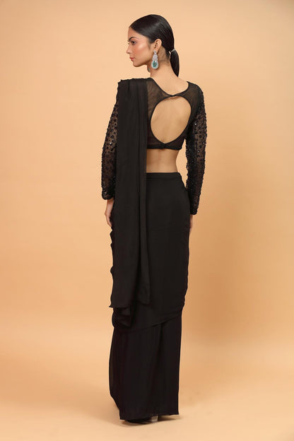 Black Chiffon Pre-draped Saree With Blouse