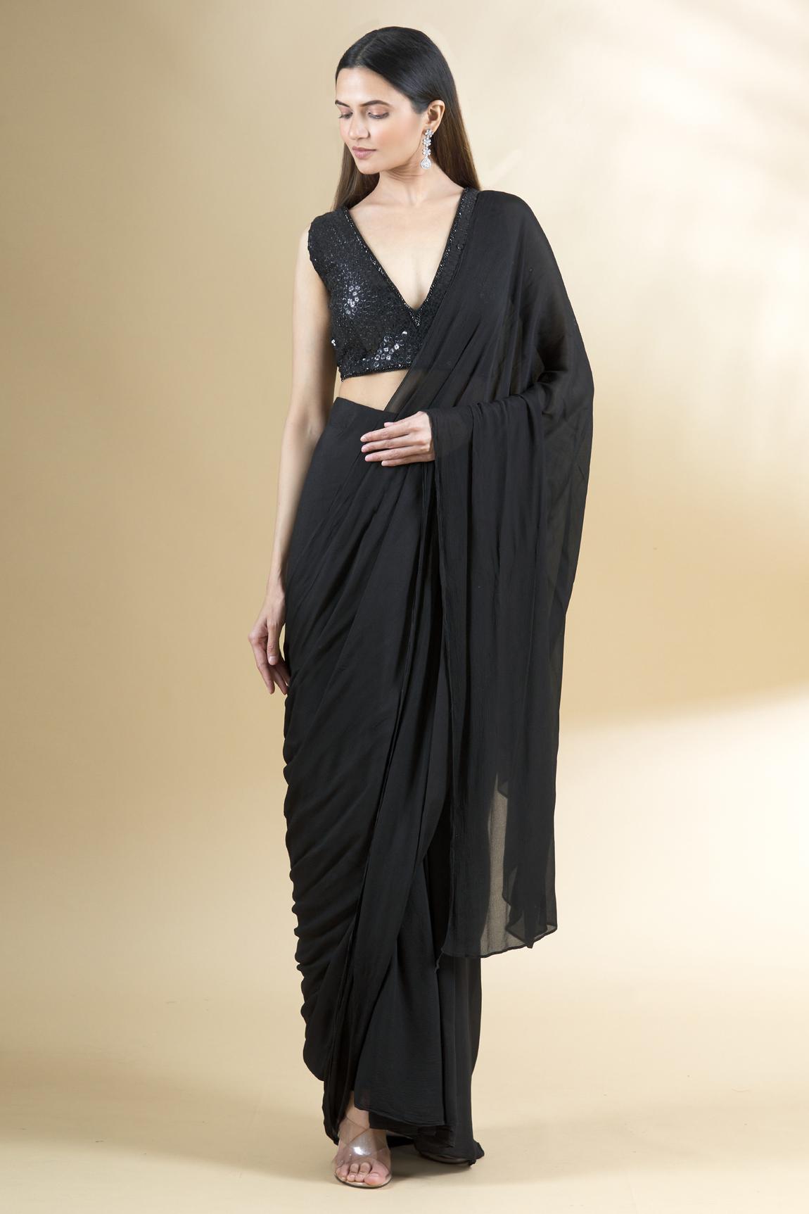 Black Chiffon Pre-draped Saree With Blouse