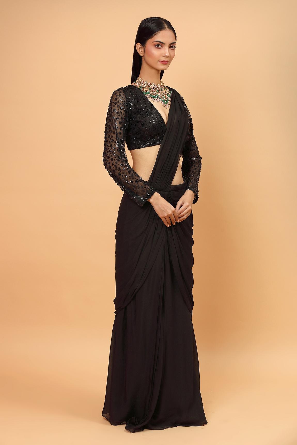 Black Chiffon Pre-draped Saree With Blouse