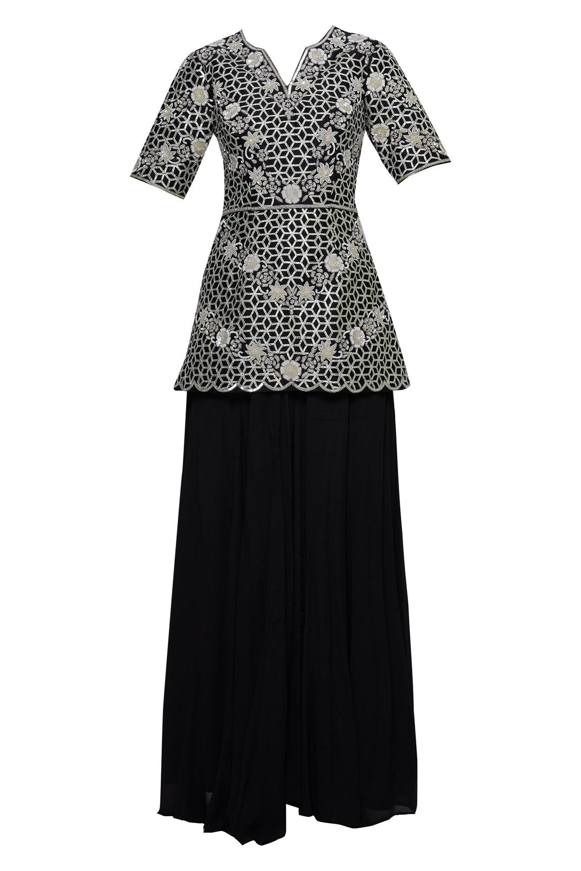 Black Chinon Chanderi Silk Kurta Palazzo Set