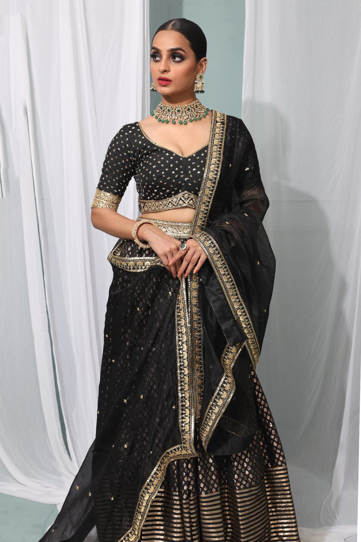 Black Embroidered Banarasi Silk Lehenga Set