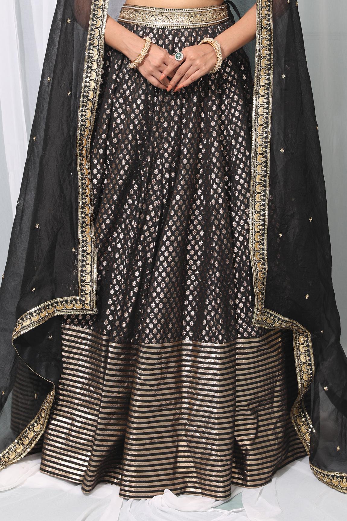 Black Embroidered Banarasi Silk Lehenga Set