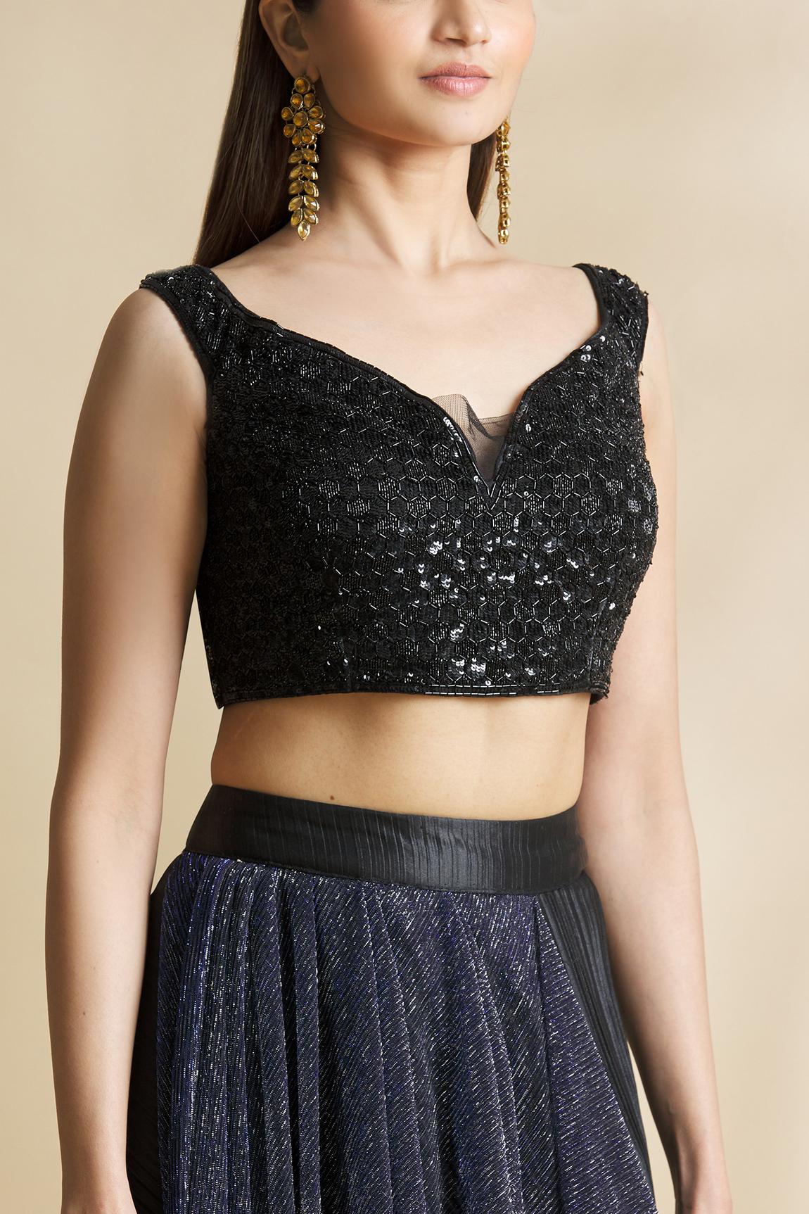 Black Satin Pre-draped Skirt Saree With Blouse