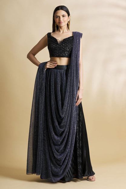 Black Satin Pre-draped Skirt Saree With Blouse