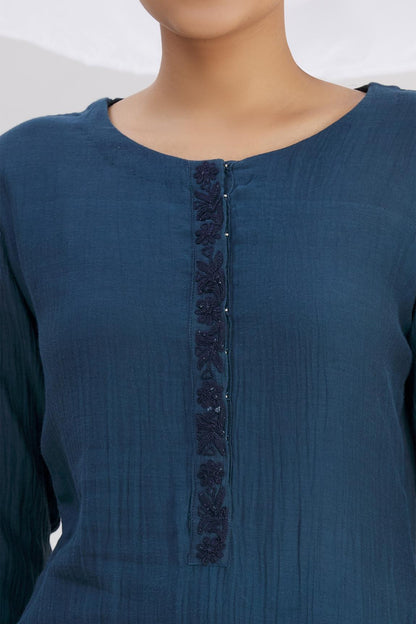 Blue Chanderi Embroidered Kurta Pant Set