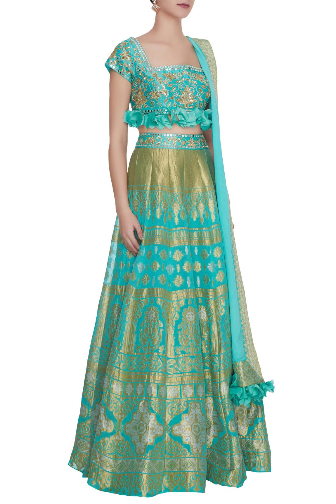 Blue Chanderi Silk Embroidered Lehenga Set