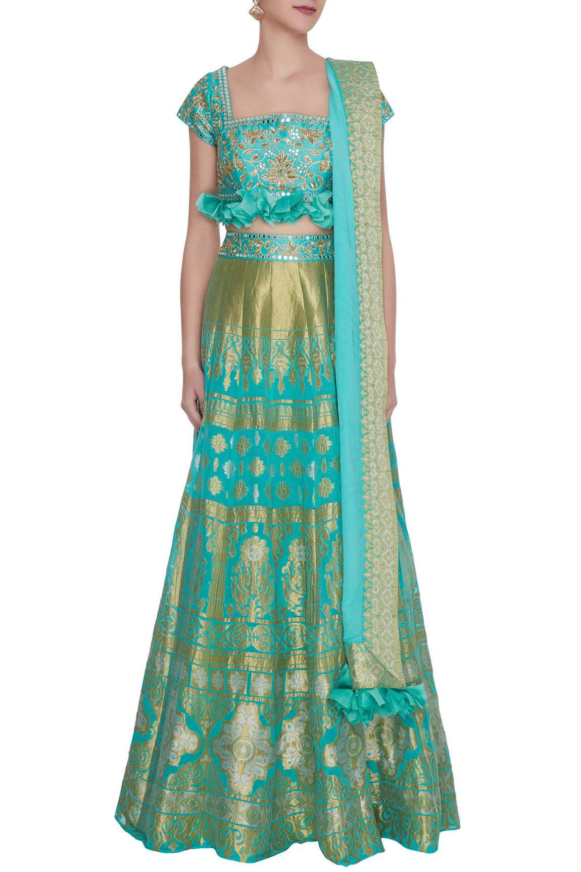 Blue Chanderi Silk Embroidered Lehenga Set