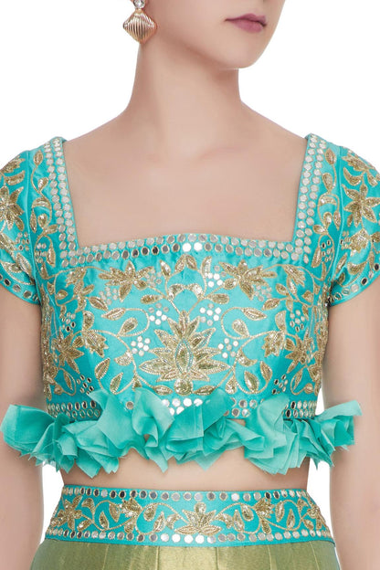 Blue Chanderi Silk Embroidered Lehenga Set