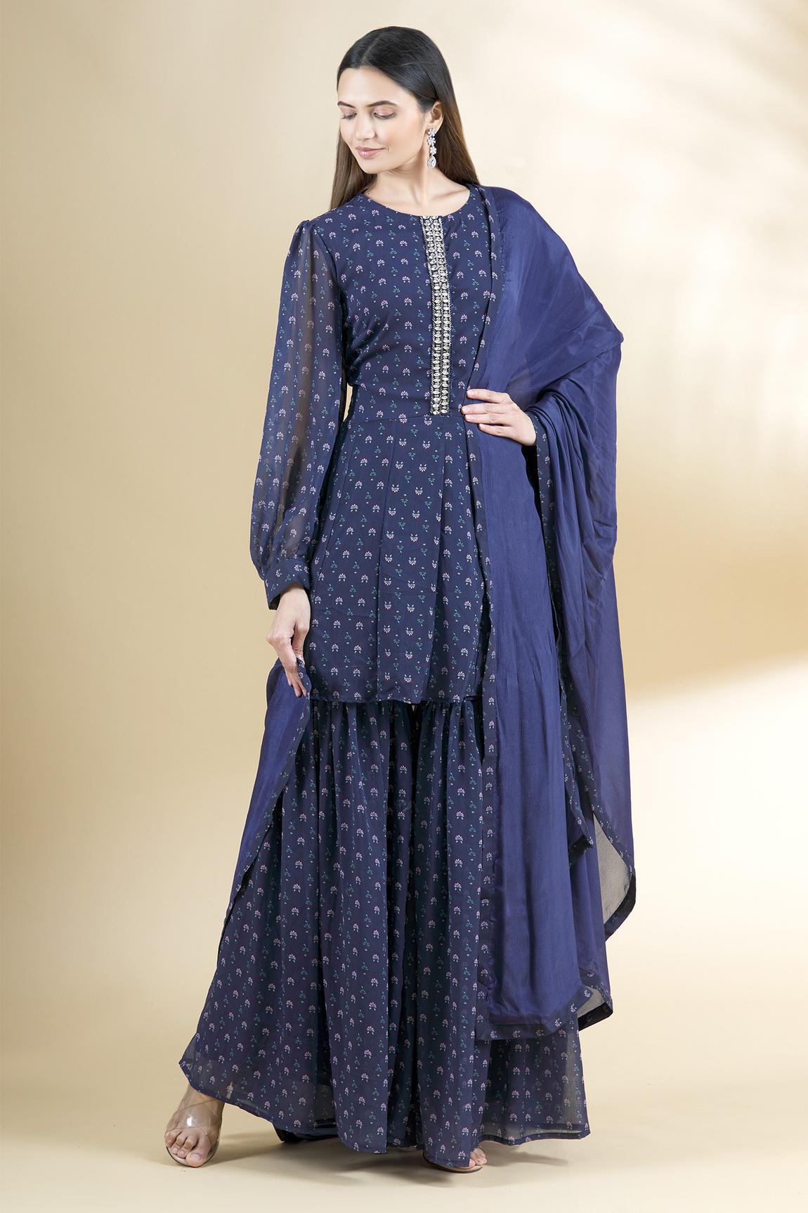 Blue Chiffon Printed Kurta Sharara Set