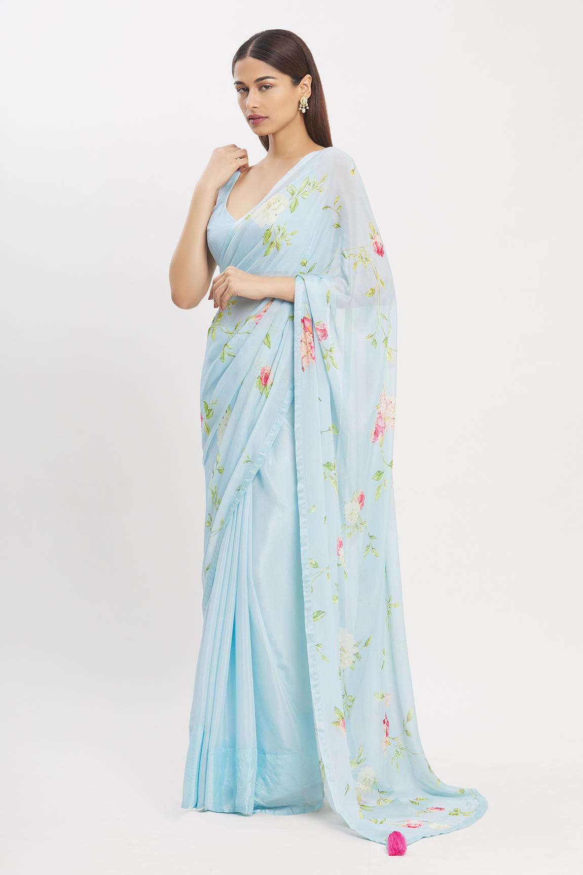 Blue Chiffon Printed Saree With Blouse