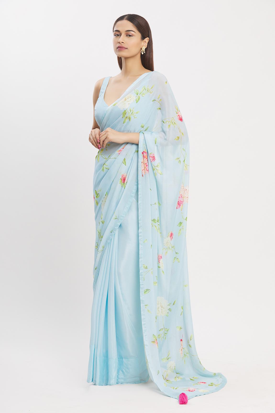 Blue Chiffon Printed Saree With Blouse