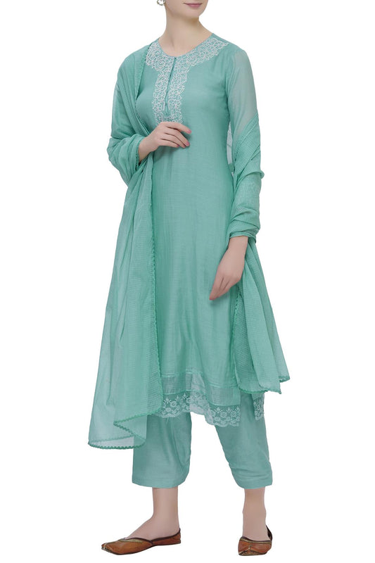 Blue Cotton Silk Embroidered Kurta Set