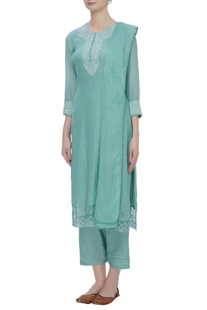 Blue Cotton Silk Embroidered Kurta Set