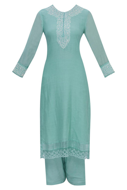 Blue Cotton Silk Embroidered Kurta Set