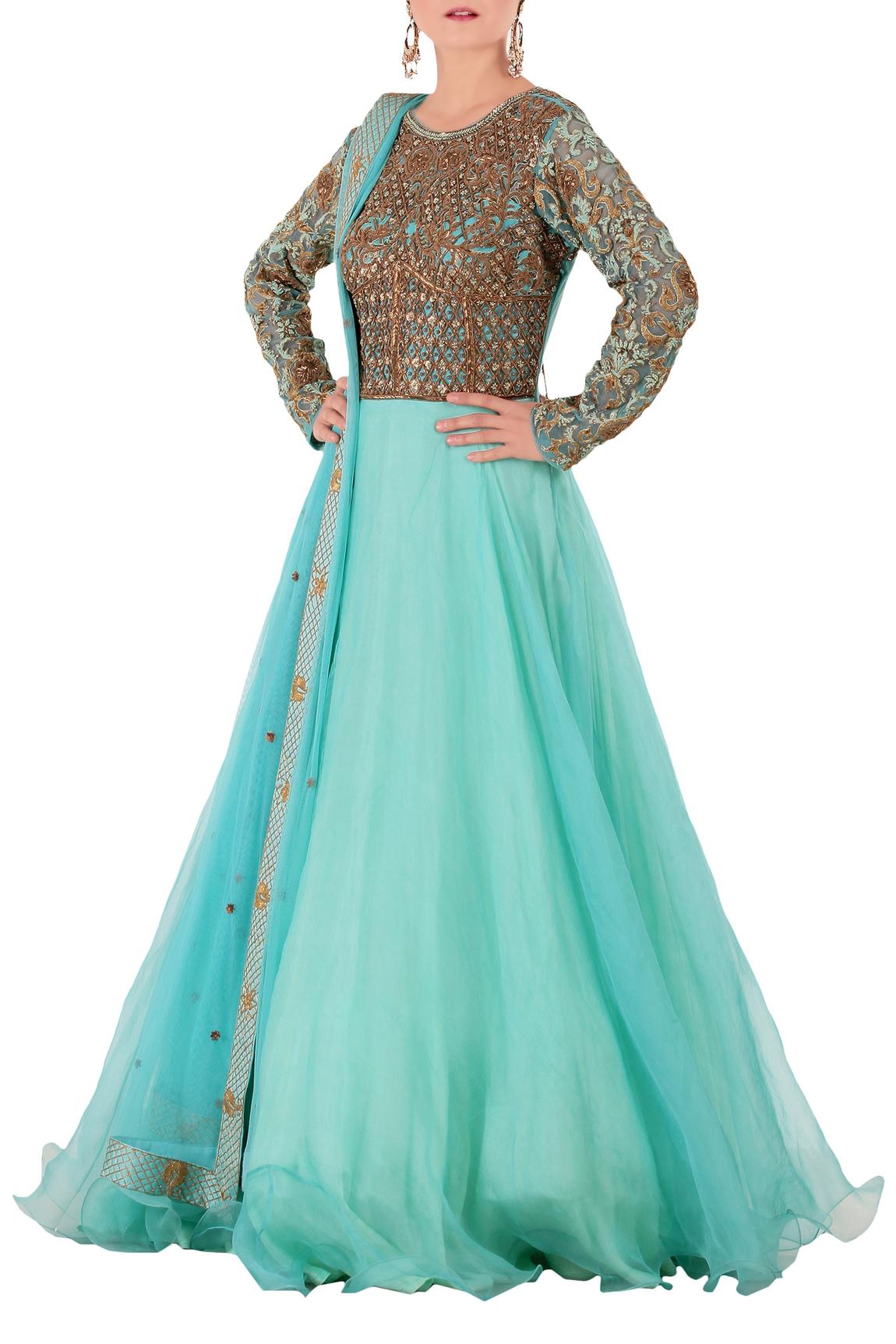 Blue Embroidered Anarkali With Dupatta