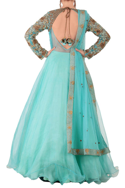 Blue Embroidered Anarkali With Dupatta