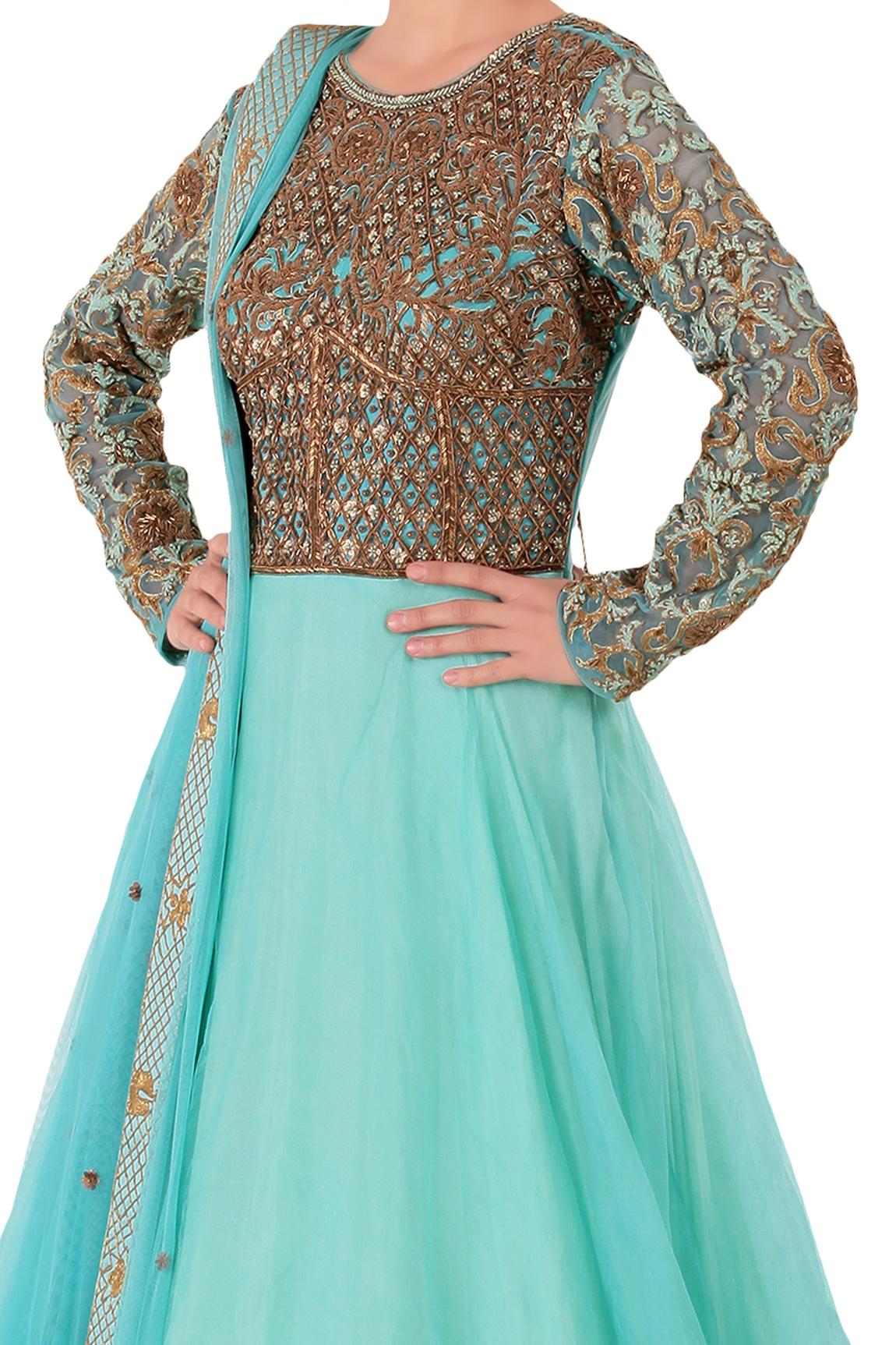 Blue Embroidered Anarkali With Dupatta