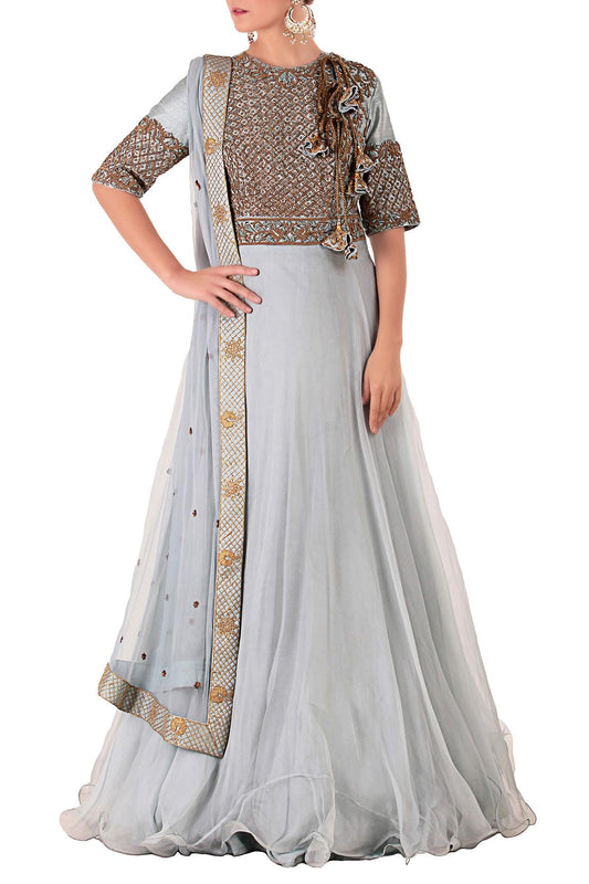 Blue Embroidered Anarkali With Dupatta