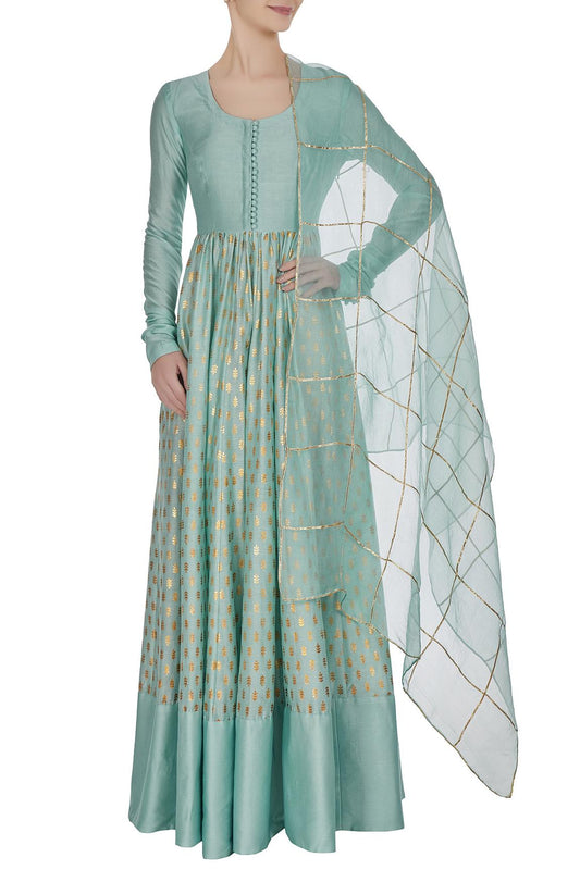 Blue Foil Printed Chanderi Silk Anarkali Set