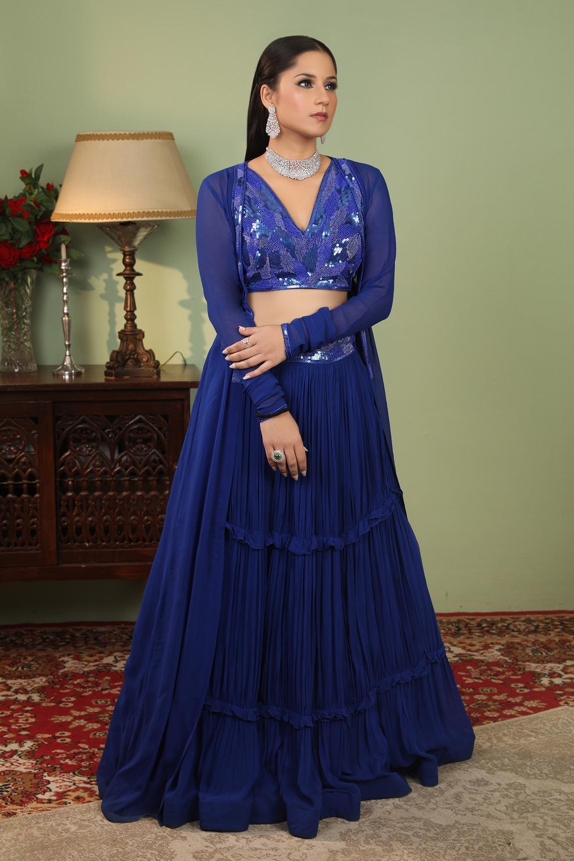 Blue Georgette Embroidered Cape And Lehenga Set