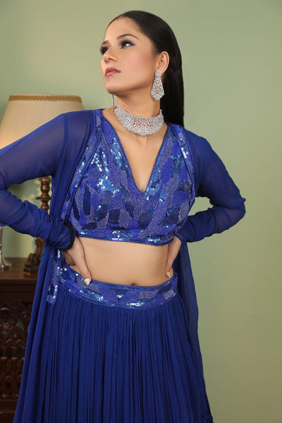 Blue Georgette Embroidered Cape And Lehenga Set