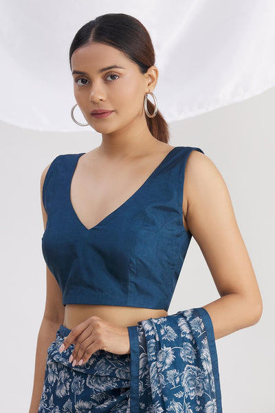 Blue Georgette Printed Saree With Blouse