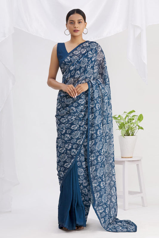 Blue Georgette Printed Saree With Blouse