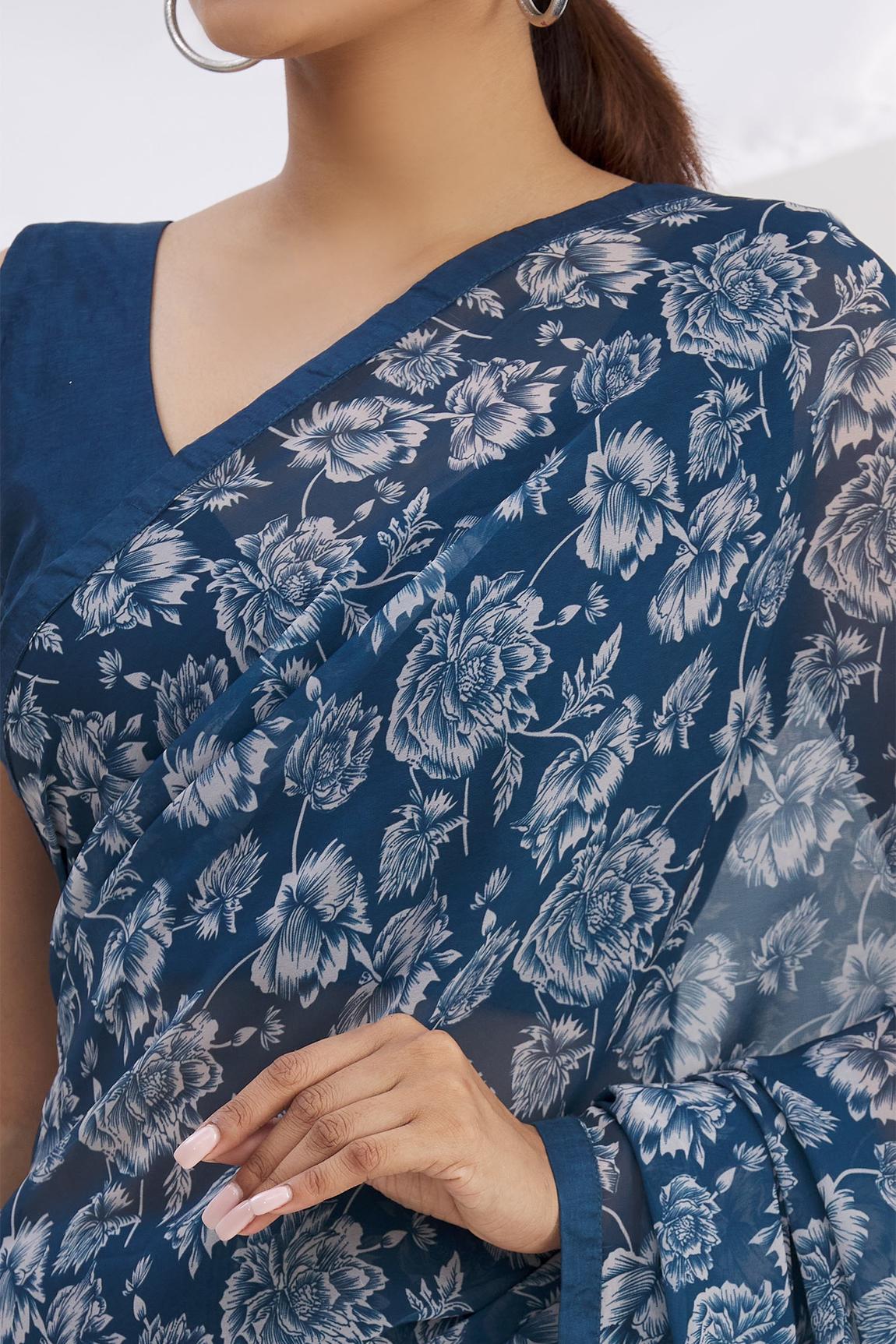 Blue Georgette Printed Saree With Blouse