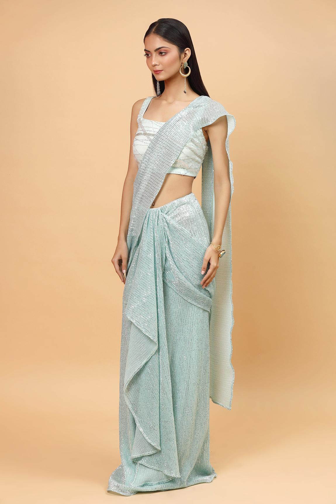 Ice Blue Net Pre-draped Saree With Blouse