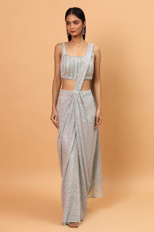 Ice Blue Net Pre-draped Saree With Embroidered Blouse